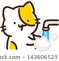 A cute, stylized illustration of a cat character washing its hands thoroughly with foamy soap. 143606523