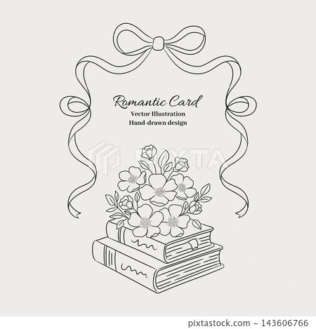 Romantic vintage card template with stack of books blooming flower bouquet and ribbon bow frame in line art style vector illustration Romantic vintage card template with stack of books blooming flower bouquet and ribbon bow frame in line art style vector illustration 143606766