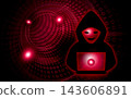 A masked hacker and laptop against a red binary background, representing cybercrime. 143606891