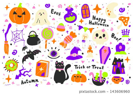 Naive, flat cute spooky Halloween elements set 143606960
