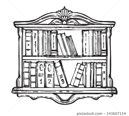 Book shelf for a vintage library, hand drawn in ink with old textbook volumes and a carved top.  143607154