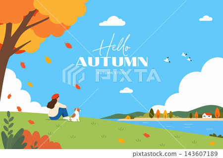 Hello Autumn Illustration with Woman and Dog by the River 143607189