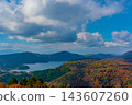 A spectacular view of Lake Ashi and autumn foliage from Hakone Town, Kanagawa Prefecture. 143607260