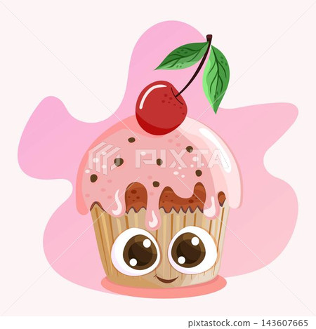 Cute Cartoon Cupcake with Chocolate Drip, Cherry and Big Eyes, vector illustration Cute Cartoon Cupcake with Chocolate Drip, Cherry and Big Eyes, vector illustration 143607665