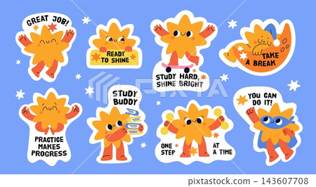 Star character funny stickers. Cute motivational kawaii sun with positive quotes and study vibes, kids comic education smile mascot, positive messages, garish vector cartoon isolated set Star character funny stickers. Cute motivational kawaii sun with positive quotes and study vibes, kids comic education smile mascot, positive messages, garish vector cartoon isolated set 143607708