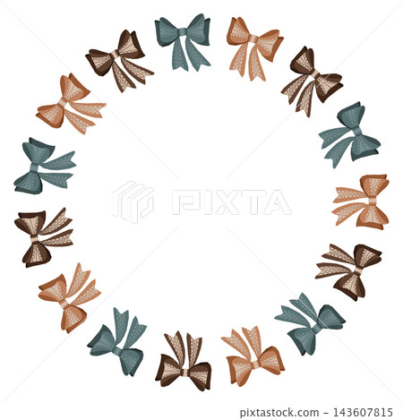 Decorative wreath of alternating teal, terracotta, and brown illustrated bows arranged in a circular border around an open white center Decorative wreath of alternating teal, terracotta, and brown illustrated bows arranged in a circular border around an open white center 143607815