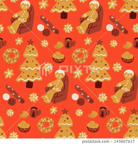 Gingerbread pattern with cookies, trees, snowflakes, yarn, mugs, and ornaments on a red festive background, seamless Christmas illustration Gingerbread pattern with cookies, trees, snowflakes, yarn, mugs, and ornaments on a red festive background, seamless Christmas illustration 143607817