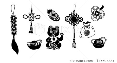 Chinese holiday illustrations featuring ornaments, lucky cat, coin pouch, bowl, decorative knots, and traditional symbols on a white background 143607823