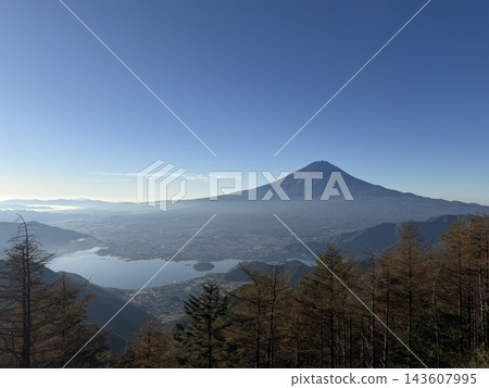 從神道峠眺望，黎明的天空、蔚藍的雲海和富士山盡收眼底。 143607995