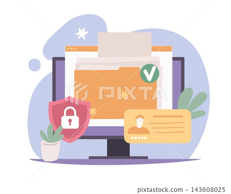 Secure document management. Protected digital files, identity verification and data privacy, computer monitor screen, access control, file management in online system vector concept Secure document management. Protected digital files, identity verification and data privacy, computer monitor screen, access control, file management in online system vector concept 143608025
