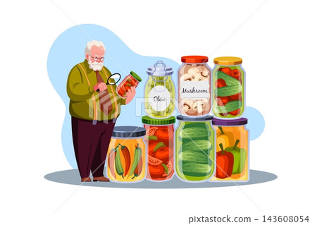 Food preservation quality control. Inspector checking homemade canned vegetables and pickled food in glass containers, inspection organization in supermarket vector cartoon isolated concept Food preservation quality control. Inspector checking homemade canned vegetables and pickled food in glass containers, inspection organization in supermarket vector cartoon isolated concept 143608054