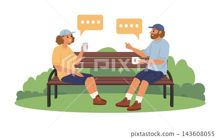 Friends chatting on park bench. Casual conversation, communication and social connection, happy couple man and woman specking togetherness outdoors, vector cartoon isolated dialogue concept Friends chatting on park bench. Casual conversation, communication and social connection, happy couple man and woman specking togetherness outdoors, vector cartoon isolated dialogue concept 143608055