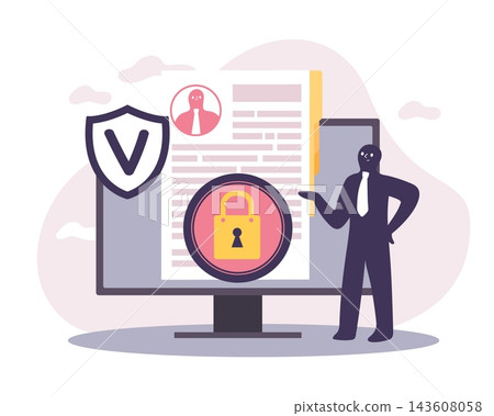 Personal data protection. Document security, privacy compliance, access control, computer screen with database, privacy verification symbol, compliance management vector cartoon flat concept Personal data protection. Document security, privacy compliance, access control, computer screen with database, privacy verification symbol, compliance management vector cartoon flat concept 143608058