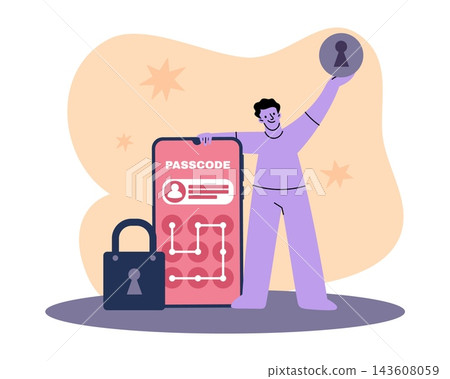 Secure mobile passcode authentication. Smartphone account access protection and digital security. Person with passcode screen. Privacy control, digital management vector cartoon flat concept Secure mobile passcode authentication. Smartphone account access protection and digital security. Person with passcode screen. Privacy control, digital management vector cartoon flat concept 143608059