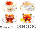 一組簡單的水彩風格茶插圖（奶茶、檸檬茶、茶杯、咖啡館）。 143608291