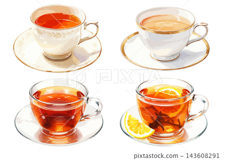 一組簡單的水彩風格茶插圖(奶茶、檸檬茶、茶杯、咖啡館)。 一組簡單的水彩風格茶插圖(奶茶、檸檬茶、茶杯、咖啡館)。 143608291