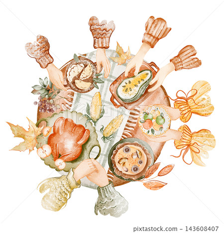 Thanksgiving Dinner Table with Turkey and Autumn Decorations Watercolor Illustration Thanksgiving Dinner Table with Turkey and Autumn Decorations Watercolor Illustration 143608407