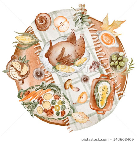 Thanksgiving Dinner Table Watercolor Illustration Thanksgiving Dinner Table Watercolor Illustration 143608409