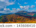 A panoramic aerial view of the Daisetsuzan mountain range and autumn foliage in Hokkaido. 143608410