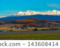 A panoramic aerial view of the Daisetsuzan mountain range and autumn foliage in Hokkaido. 143608414
