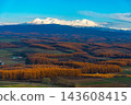 A panoramic aerial view of the Daisetsuzan mountain range and autumn foliage in Hokkaido. 143608415