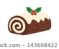 A flat illustration of a chocolate Bûche de Noël adorned with holly and white icing. 143608422