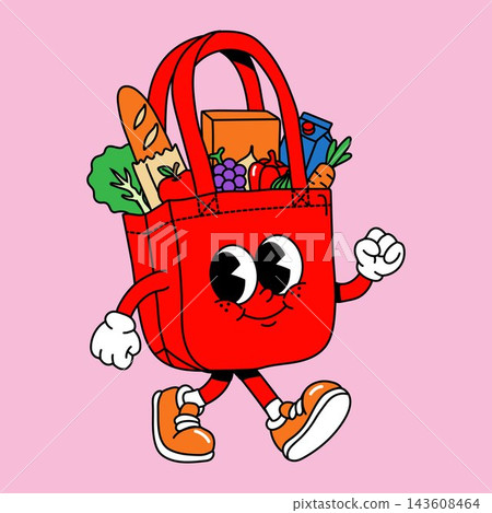 Adorable Supermarket Tote Bag Mascot Filled with Groceries on Pink Background Adorable Supermarket Tote Bag Mascot Filled with Groceries on Pink Background 143608464