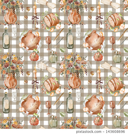 Thanksgiving Cottagecore Watercolor Seamless Pattern with Turkey, Pumpkins, Autumn Leaves and Festive Food 143608696