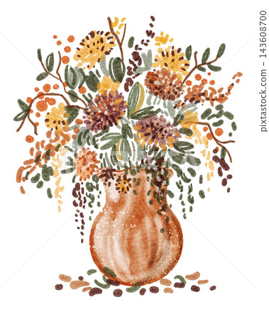 Autumn Bouquet of Dried Flowers and Leaves in Brown Vase Watercolor Illustration Autumn Bouquet of Dried Flowers and Leaves in Brown Vase Watercolor Illustration 143608700