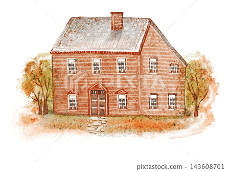 Old Estate House in Autumn Colors, Watercolor Illustration 143608701