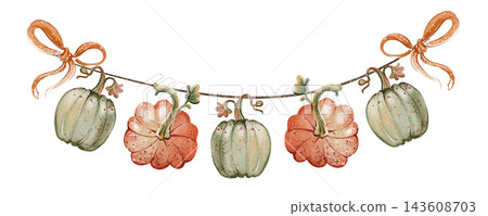 Autumn Pumpkin Garland Watercolor Illustration 143608703