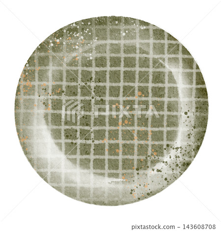 Empty Round Clay Plate Cottagecore Watercolor Illustration, Top View 143608708