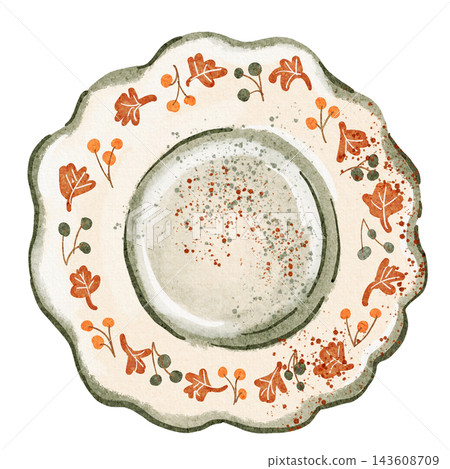 Empty Round Clay Plate Cottagecore Watercolor Illustration, Top View Empty Round Clay Plate Cottagecore Watercolor Illustration, Top View 143608709