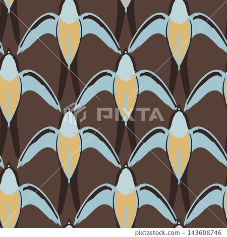Abstract bird motif arranged in repeating layout, featuring pale blue wings, tan bodies, and dark brown shapes on warm background. Suitable for wallpaper, fabric, wrapping, decor, and home accents. 143608746