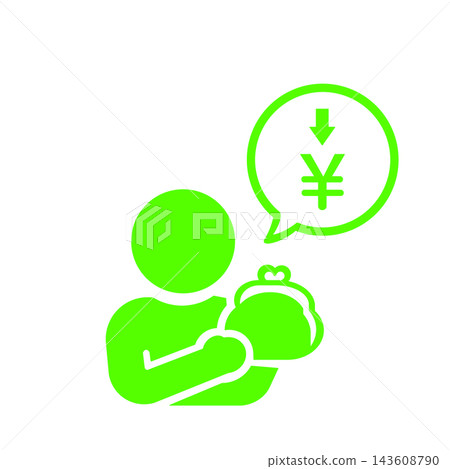 A green icon of a person indicating a decrease in household expenses or balance. A green icon of a person indicating a decrease in household expenses or balance. 143608790