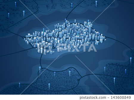 Isometric generic city map with signs. Point of intended goal, many markers. Abstract navigation plan of urban area. City streets and blocks. Colored editable vector illustration 143608849