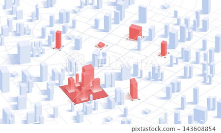Red highlighted commercial buildings. Residential house reconstruction, city renovation. Old buildings modernization, construction modernization solutions concept. Vector illustration 143608854
