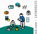 An illustration of a parent and child working on saving for education and building wealth. It features financial icons and a coin sprout design. 143609255