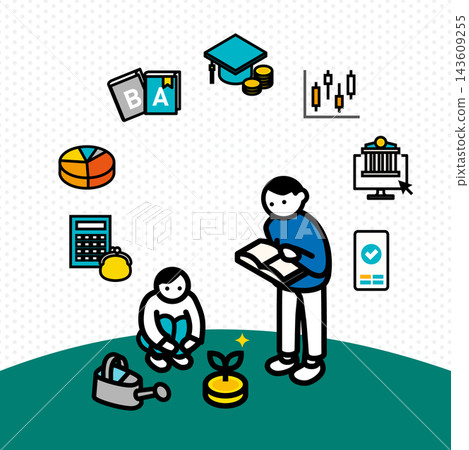 An illustration of a parent and child working on saving for education and building wealth. It features financial icons and a coin sprout design. An illustration of a parent and child working on saving for education and building wealth. It features financial icons and a coin sprout design. 143609255