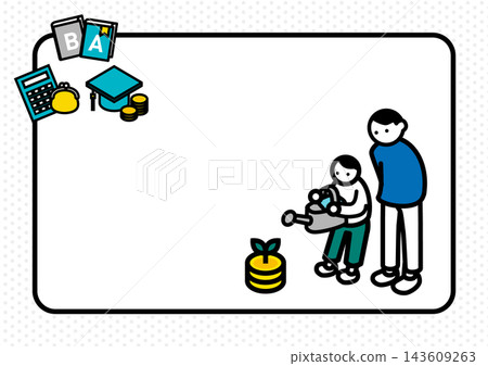 與教育基金和財富累積相關的插圖。背景圖是一位家長和孩子在給硬幣發芽的幼苗澆水。 與教育基金和財富累積相關的插圖。背景圖是一位家長和孩子在給硬幣發芽的幼苗澆水。 143609263