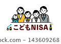 An illustration of a family of five with the words "Kodomo NISA" (Children's NISA) on it, focusing on education funds and household investment for parents. 143609268
