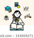 A female student worried about education expenses and future finances. Illustration of tuition fees and wealth building. 143609271