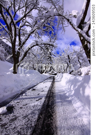 A snowy path leading to Mimasaka-Kawai Station, a winter scene of a snow-covered trail. 143609503