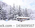 Mimasaka-Kawai Station during a heavy snowfall: the station building buried in snow and the snow-covered cedar forest. 143609507