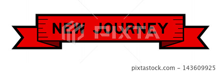 Ribbon label banner with word new journey in red color on white background Ribbon label banner with word new journey in red color on white background 143609925