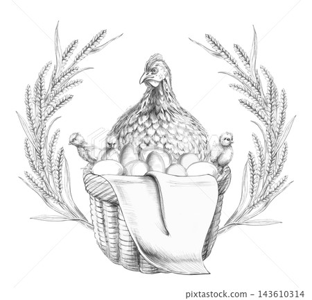 Pencil drawing of a hen in a basket with chicks and eggs. The illustration is suitable for packaging, labels, menus, advertising, children's books, food blogs, and websites. 143610314
