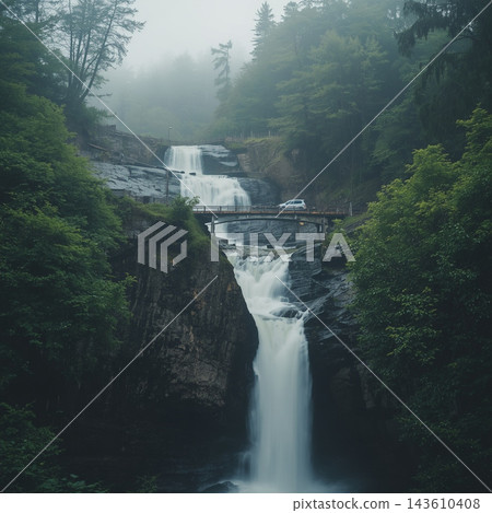Misty Forest Waterfall with Stone Bridge 143610408