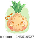 Cute hand-drawn vector onion character with handwritten text. Kawaii style, beige and green palette, outline. Perfect for social media, merch, web design, posters. Vector illustration 143610527