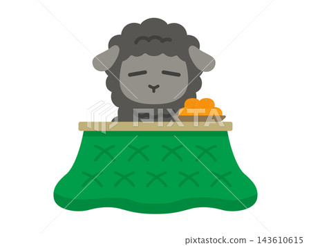 一幅描繪黑羊角色在暖桌（加熱桌）下放鬆的插圖。 143610615