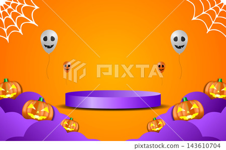 Halloween banner template with pumpkin and minimalist podium base for product display and Halloween Elements 143610704
